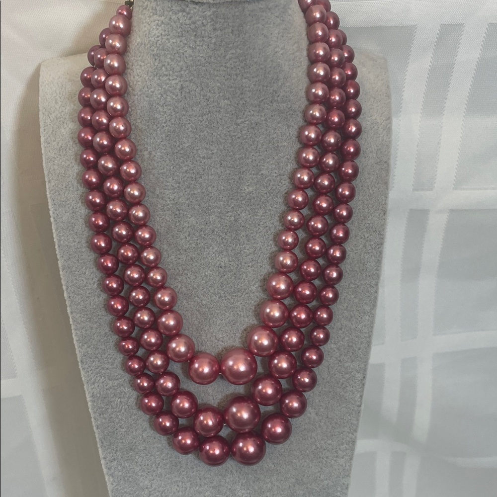 Japan Vintage 3 strand Faux Pearls color Raspberry 13” L 2” extender hook signed